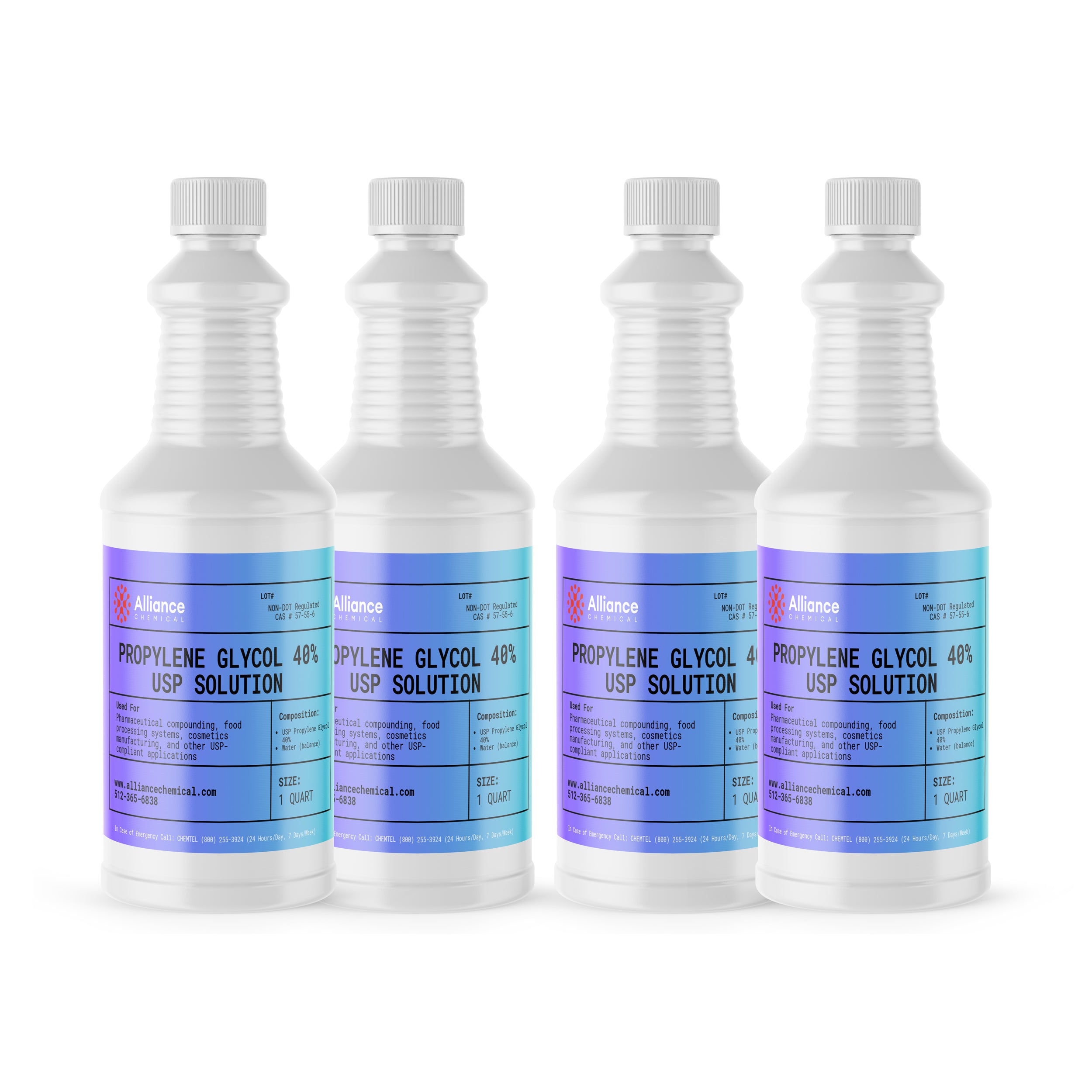 Alliance Chemical propylene glycol 40% USP grade in four clear 1-quart bottles with twist-off caps